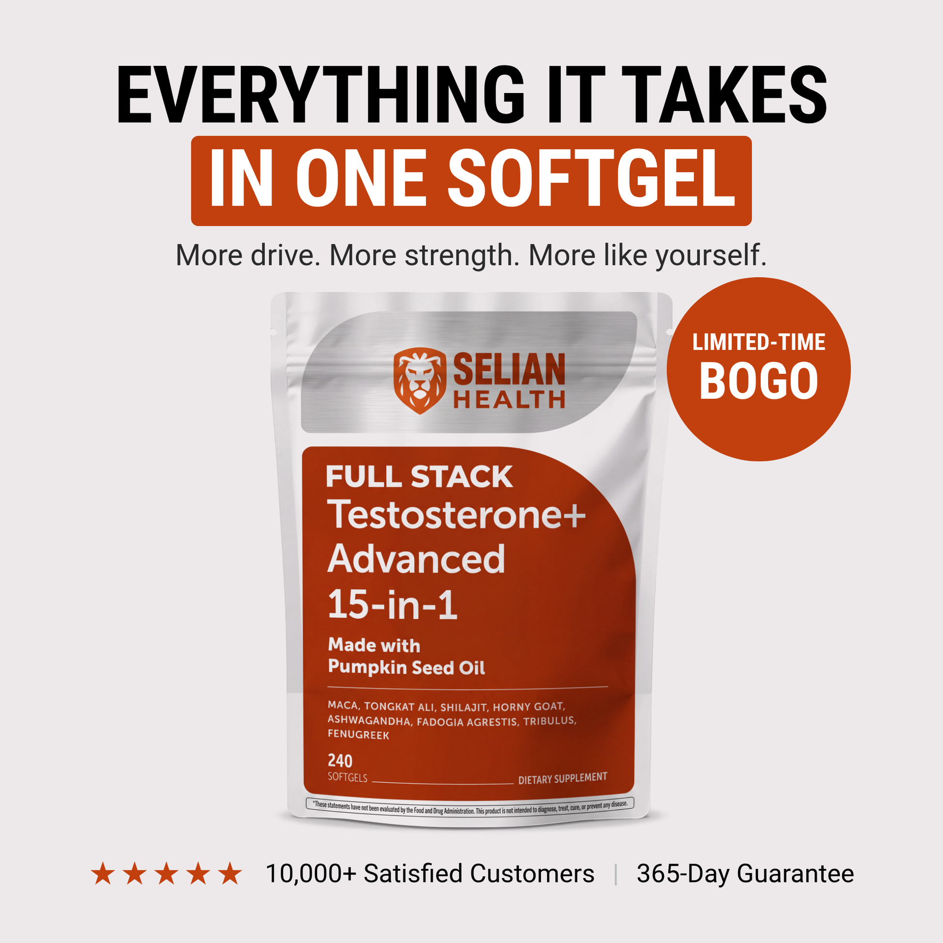 FULL STACK+ 15-in-1 testosterone softgels, limited-time BOGO