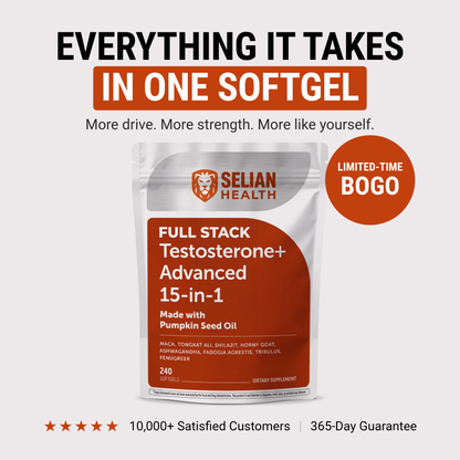 FULL STACK+ 15-in-1 testosterone softgels, limited-time BOGO