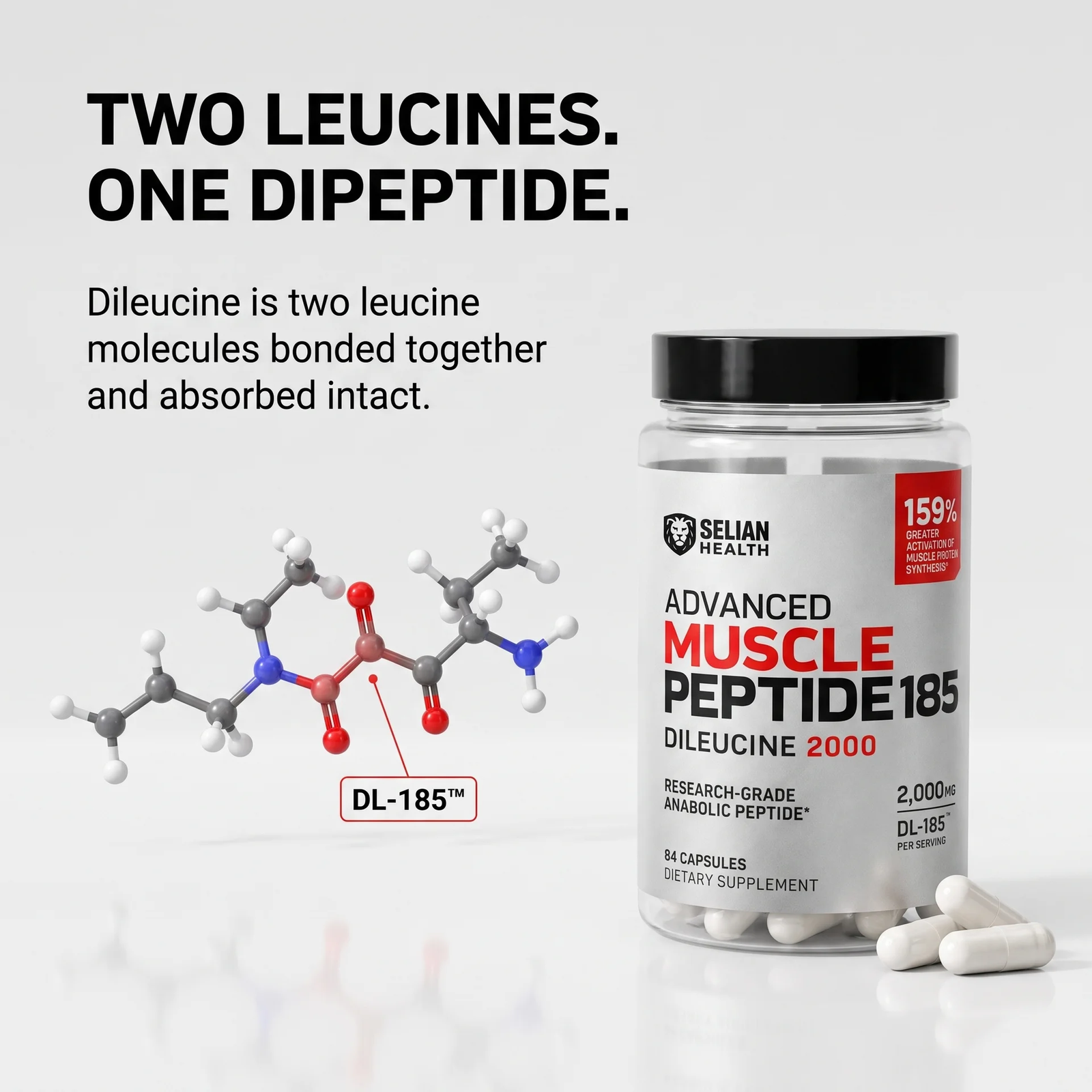 DL-185 ball-and-stick dileucine molecule and Selian Health product